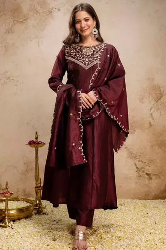 Coffee silk blend embroidered   sequins free size suit