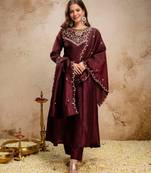 Coffee silk blend embroidered   sequins free size suit