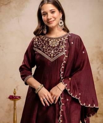 Coffee silk blend embroidered   sequins free size suit 2