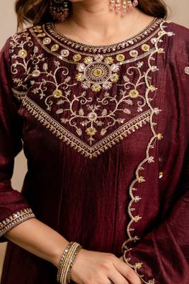 Coffee silk blend embroidered   sequins free size suit 3