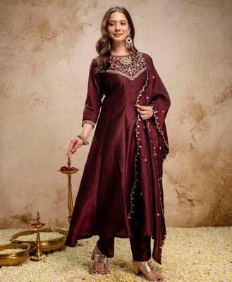 Coffee silk blend embroidered   sequins free size suit 4
