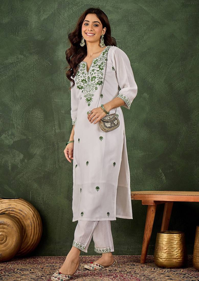 White silk blend thraed embroidered free size suit