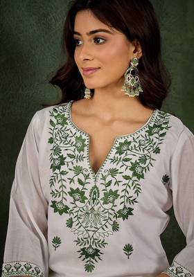 White silk blend thraed embroidered free size suit 2