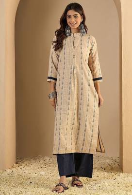 Cream blended cotton ethnic motifs free size suit 1