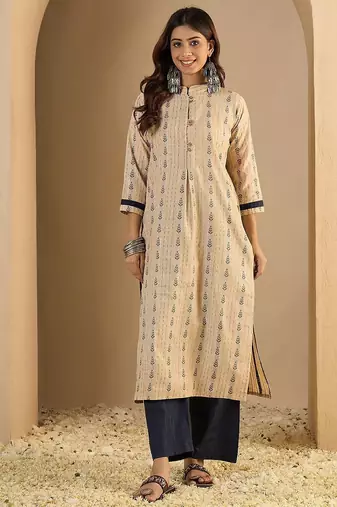Cream blended cotton ethnic motifs free size suit