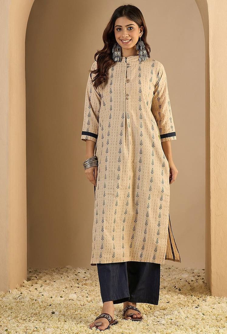 Cream blended cotton ethnic motifs free size suit