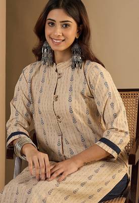Cream blended cotton ethnic motifs free size suit 2