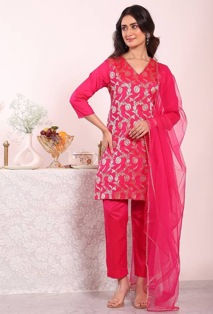 Rani pink silk blend woven design free size suit
