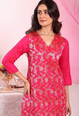 Rani pink silk blend woven design free size suit 2