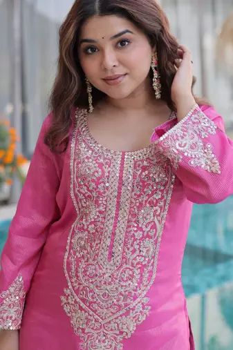 Pink viscose sequins & coding zari embroidered work free size suit
