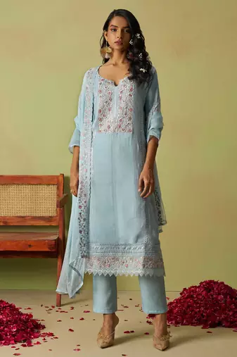 Blue organza thared work embroidery   stone & beads free size suit
