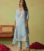 Blue organza thared work embroidery   stone & beads free size suit