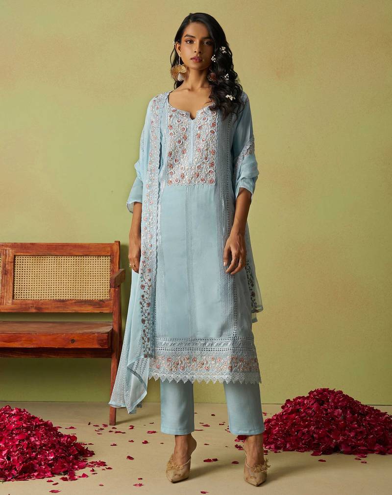 Blue organza thared work embroidery   stone & beads free size suit