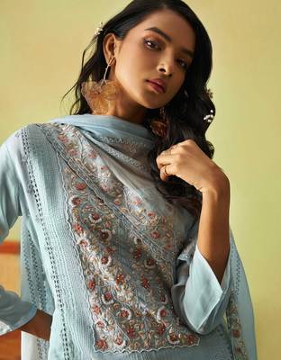 Blue organza thared work embroidery   stone & beads free size suit 2