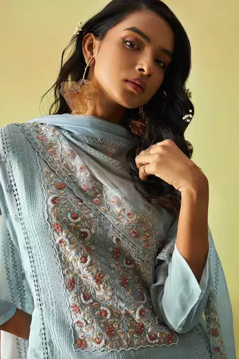 Blue organza thared work embroidery   stone & beads free size suit