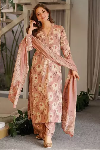 Pink blended cotton printed free size suit