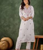 Grey silk blend thraed embroidered free size suit