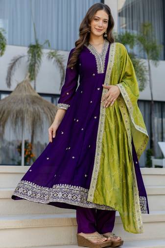Navy blue silk blend embroidered   sequins free size suit