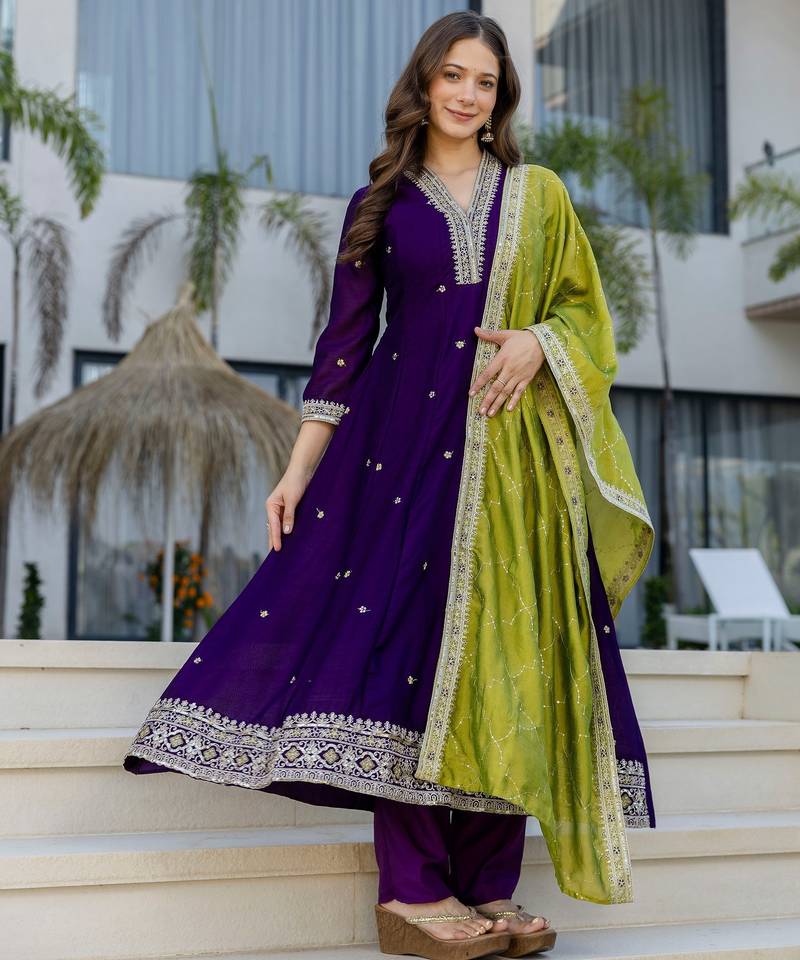 Navy blue silk blend embroidered   sequins free size suit