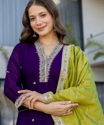 Navy blue silk blend embroidered   sequins free size suit 2