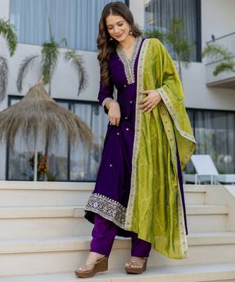 Navy blue silk blend embroidered   sequins free size suit 3