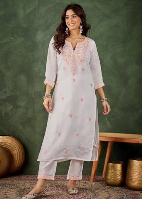 Grey silk blend thraed embroidered free size suit 1