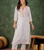 Grey silk blend thraed embroidered free size suit