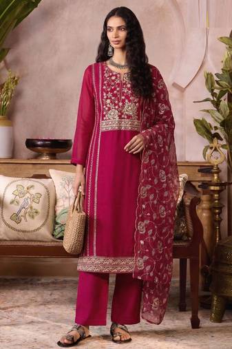 Pink organza zari embroidered   sequins and beads free size suit