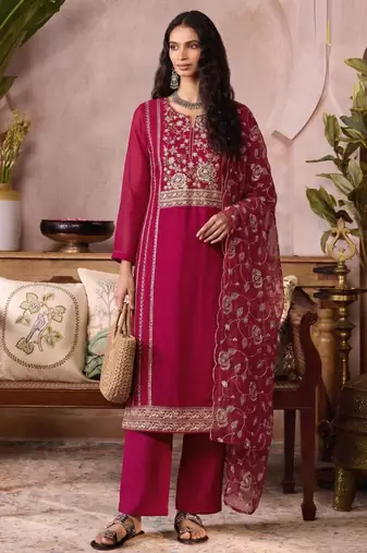 Pink organza zari embroidered   sequins and beads free size suit
