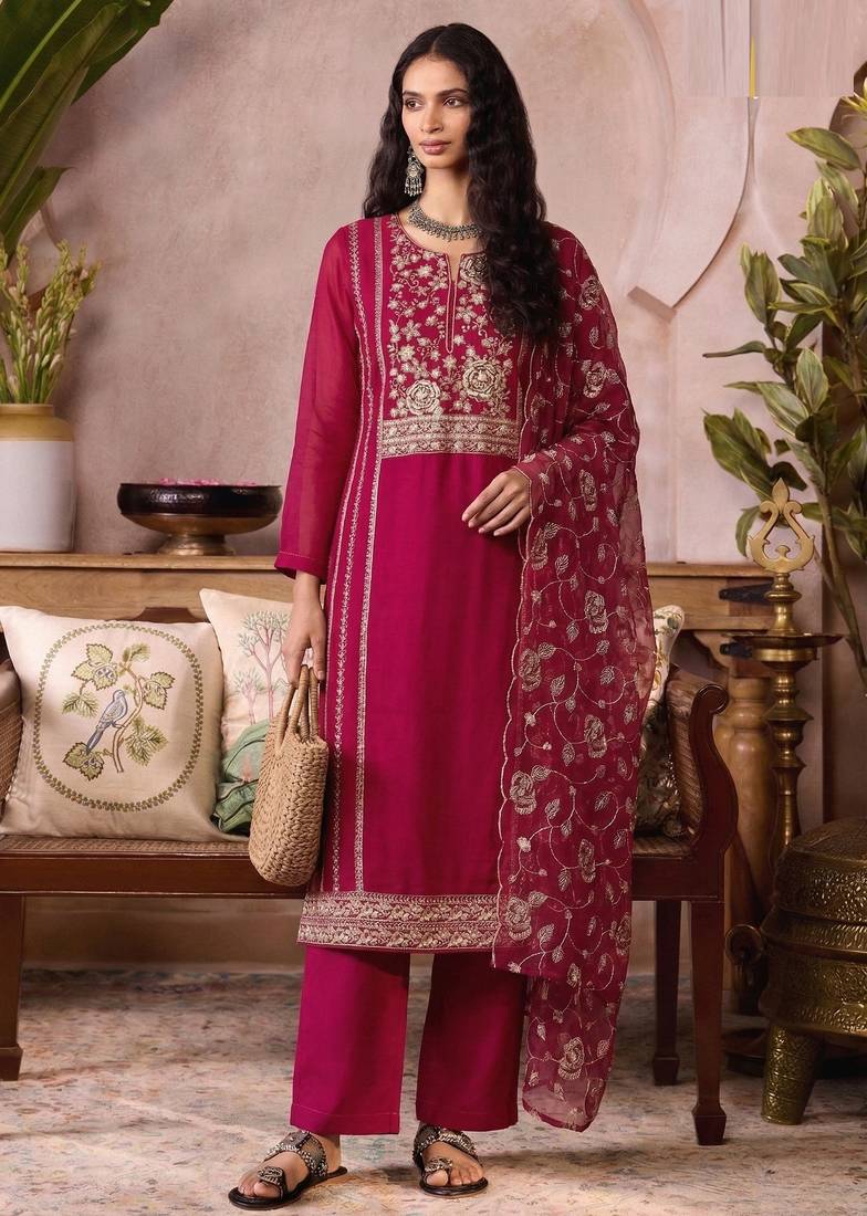 Pink organza zari embroidered   sequins and beads free size suit