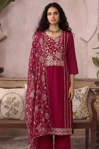 Pink organza zari embroidered   sequins and beads free size suit