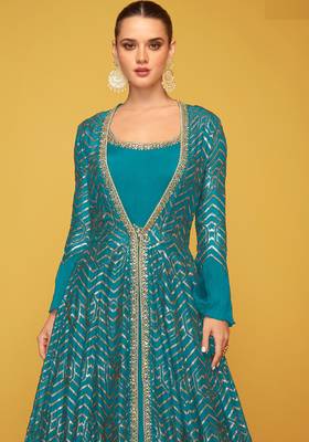 Blue silk blend embroidered   sequins free size top 2