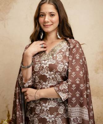 Brown silk blend printed free size suit 1