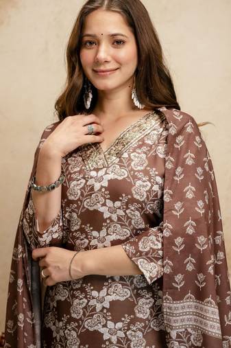 Brown silk blend printed free size suit