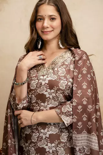Brown silk blend printed free size suit