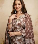 Brown silk blend printed free size suit
