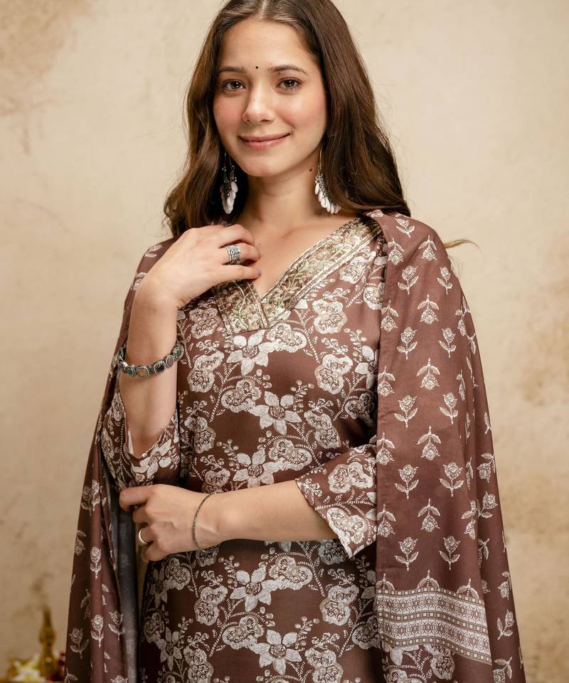Brown silk blend printed free size suit