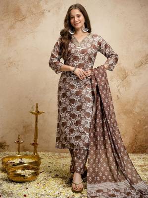 Brown silk blend printed free size suit 2