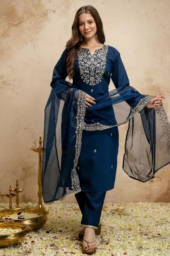 Navy blue silk blend embroidered free size suit