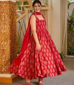 Red blended cotton printed free size suit