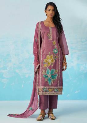 Lavender fancy fabric thread and sequins embroidery free size suit 1