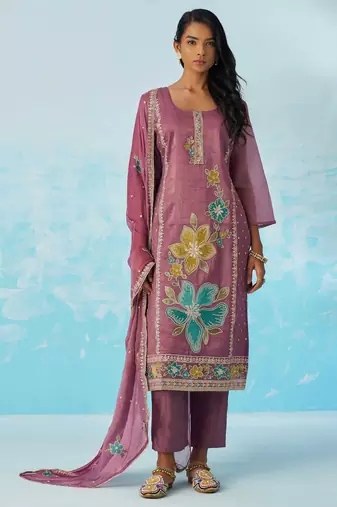 Lavender fancy fabric thread and sequins embroidery free size suit