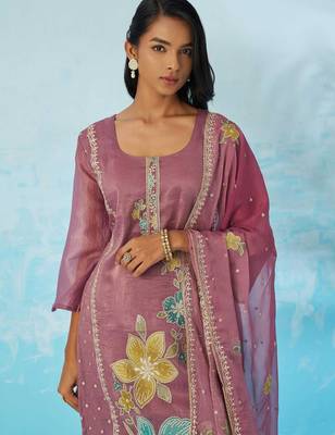 Lavender fancy fabric thread and sequins embroidery free size suit 2