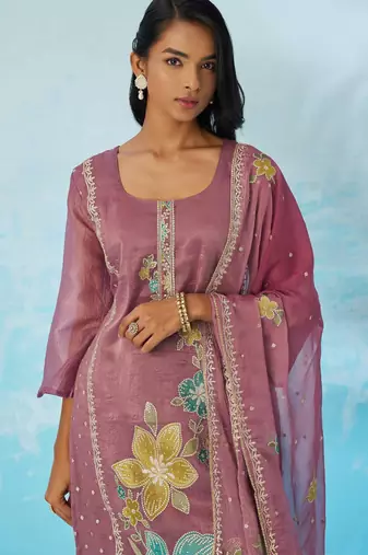 Lavender fancy fabric thread and sequins embroidery free size suit
