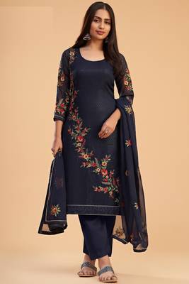 Blue georgette embroidered & sequins zari free size suit 1