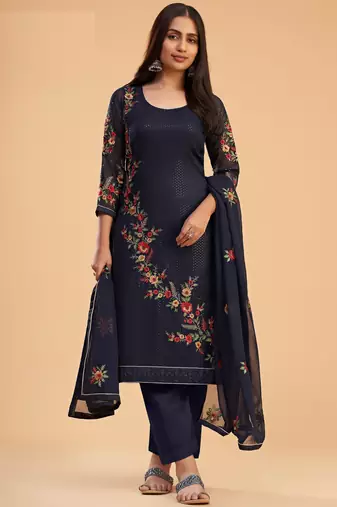 Blue georgette embroidered & sequins zari free size suit