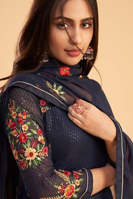 Blue georgette embroidered & sequins zari free size suit 2