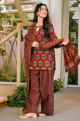 Brown blended cotton digital print free size suit