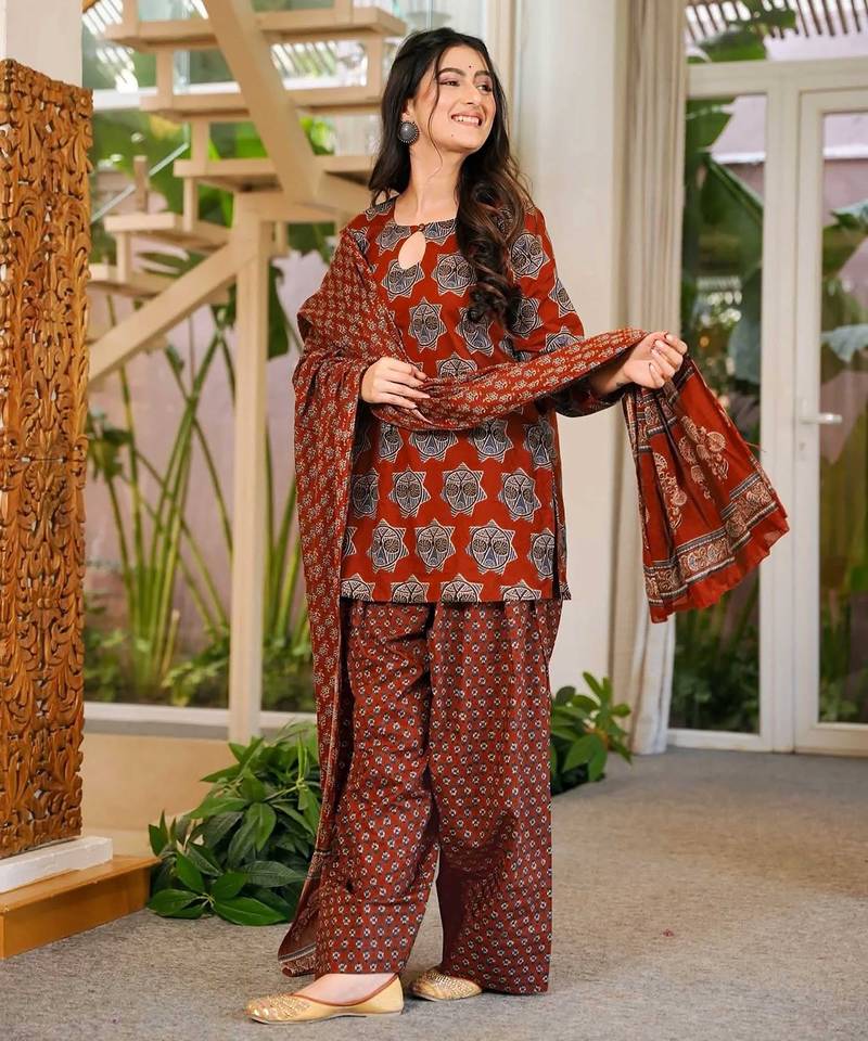 Brown blended cotton digital print free size suit