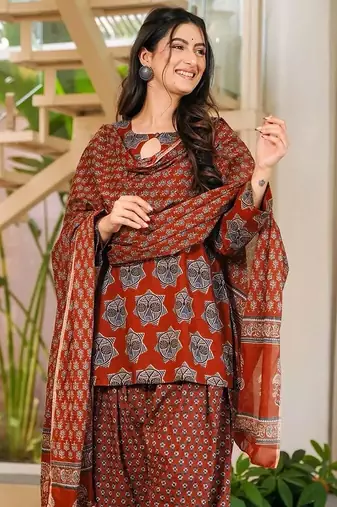 Brown blended cotton digital print free size suit